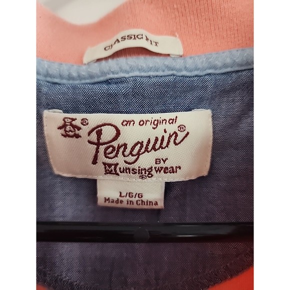 Penguin Munsingwear Polo Shirt Original  Men L Blue & Salmon Sleeve Trim TWO VGC - Picture 7 of 8